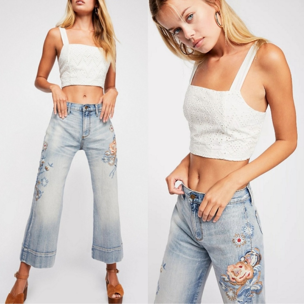 Driftwood Charlee Blossom Boho Jeans Embroidered Crop Wide-leg Denim Size 30